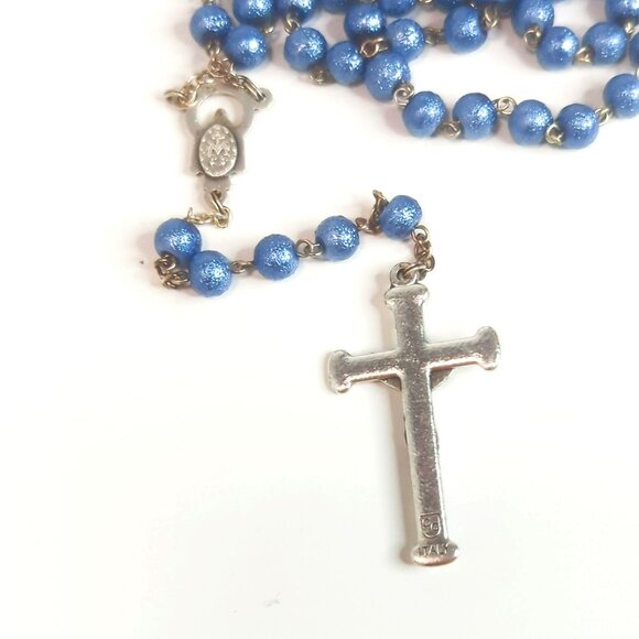 Vintage Blue Silver-Tone Rosary Necklace Sacred Miraculous Mary Prayer Beads - Picture 3 of 6